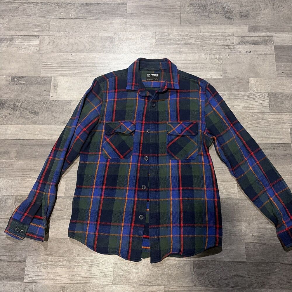 Express Men’s medium blue green Plaid Flannel Button Up Shirt Soft